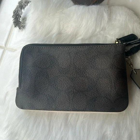 Coach two tone leather double zip wristlet wallet ivory and signature brown EUC - Picture 4 of 11